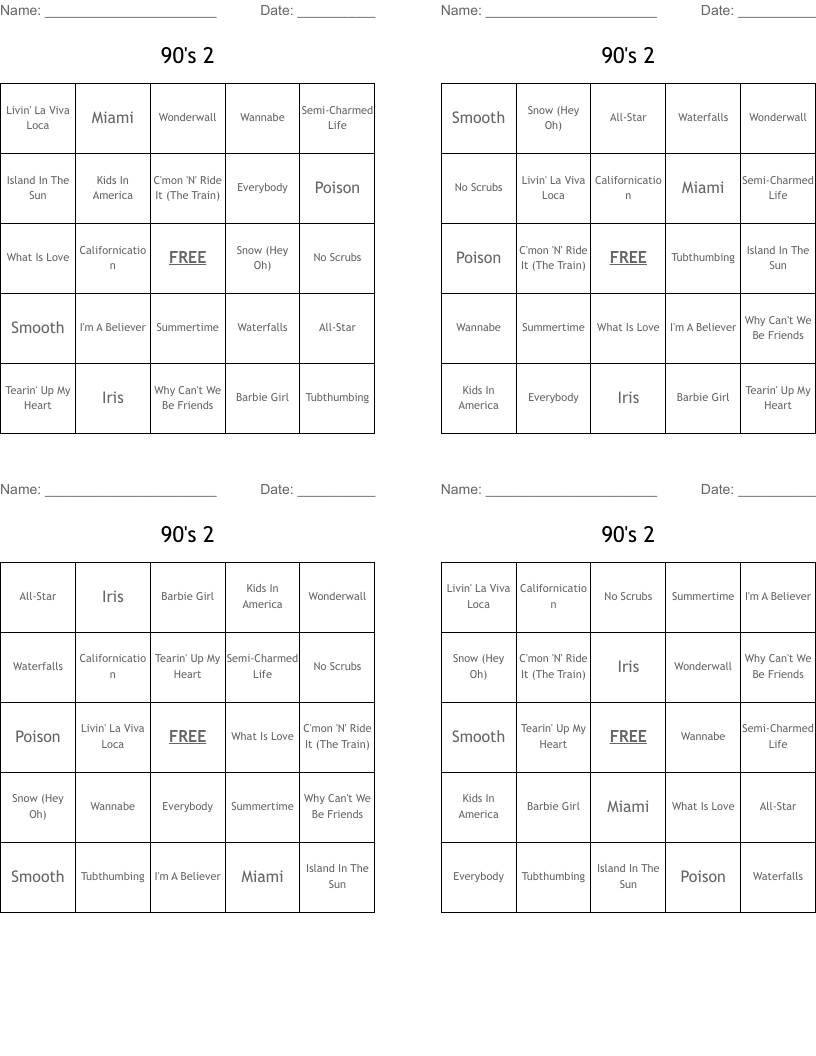90's 2 Bingo Cards
