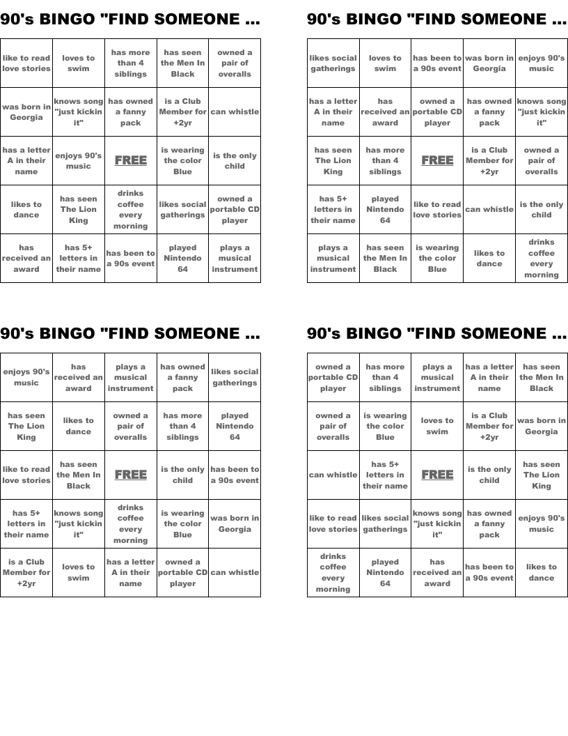 90's BINGO "FIND SOMEONE WHO..."