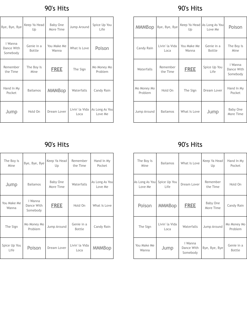 90's Hits Bingo Cards