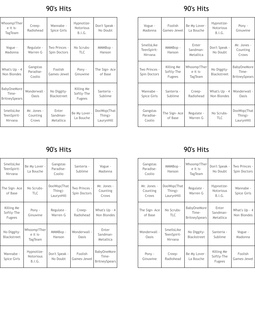 90's Hits Bingo Cards