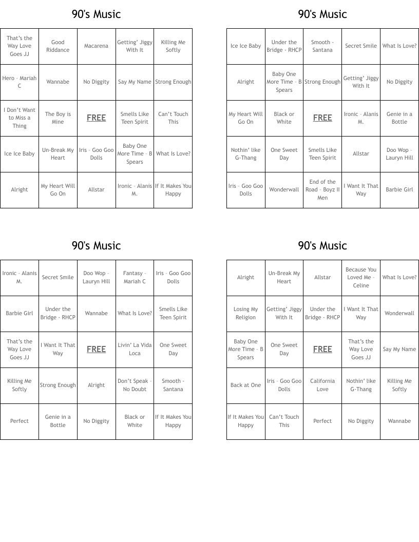 90's Music Bingo Cards
