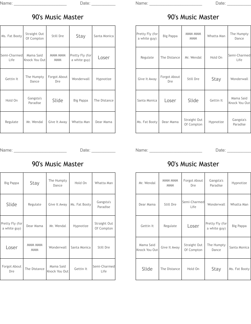 90's Music Master Bingo Cards