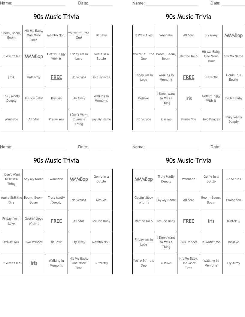 90s Music Trivia Bingo Cards