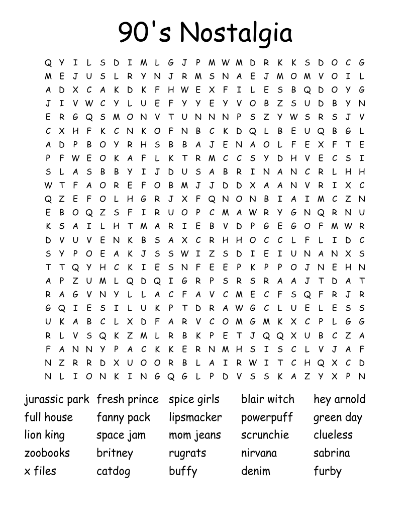 90's Nostalgia Word Search