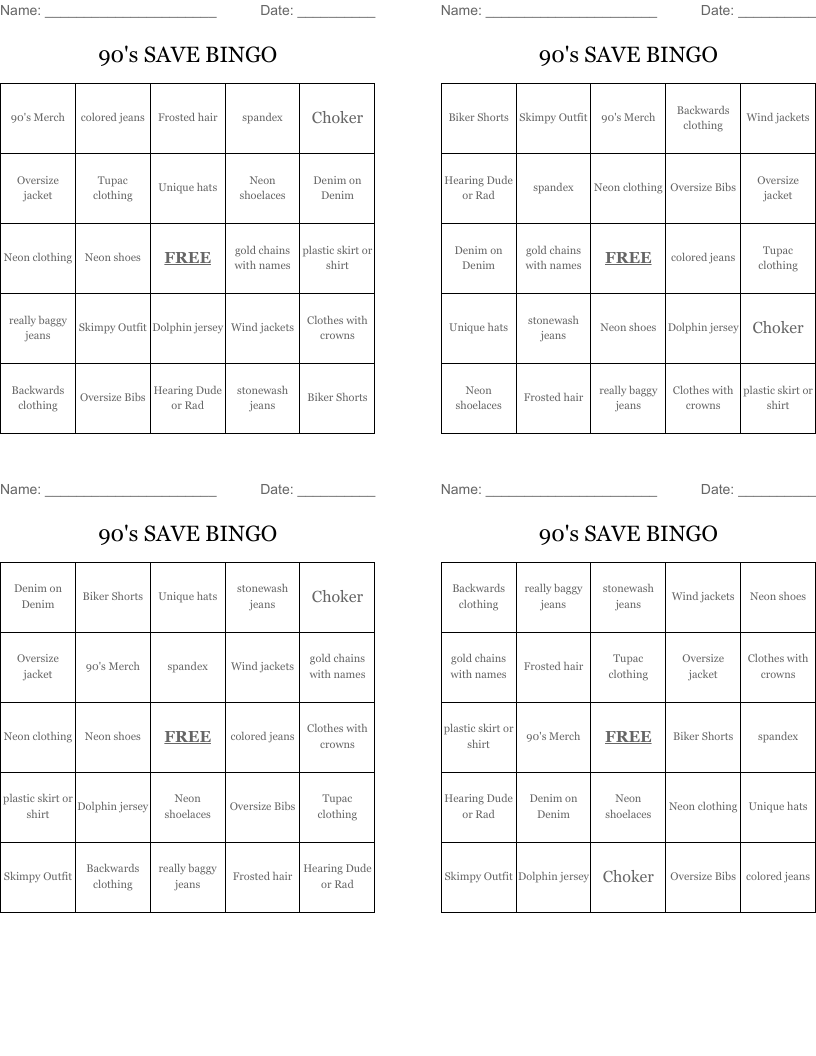 90's SAVE BINGO