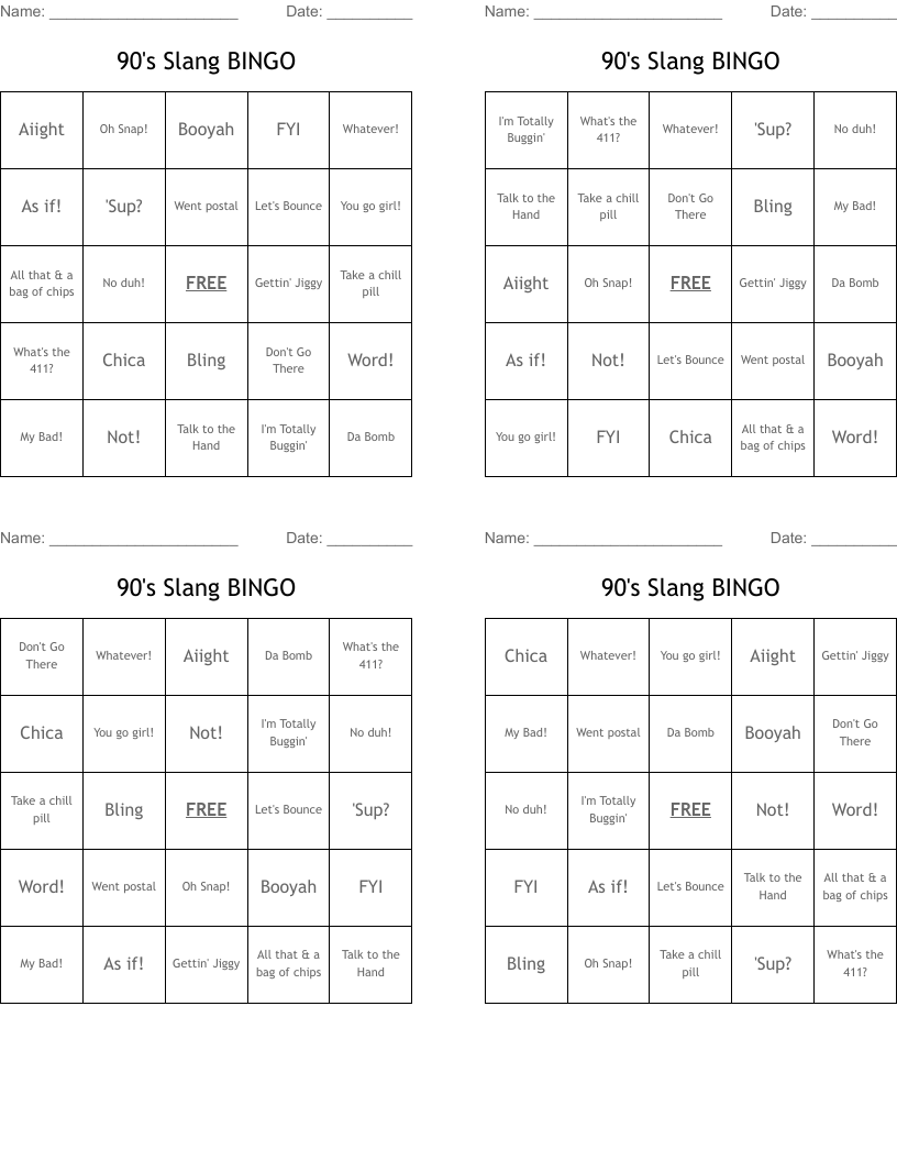 90's Slang BINGO