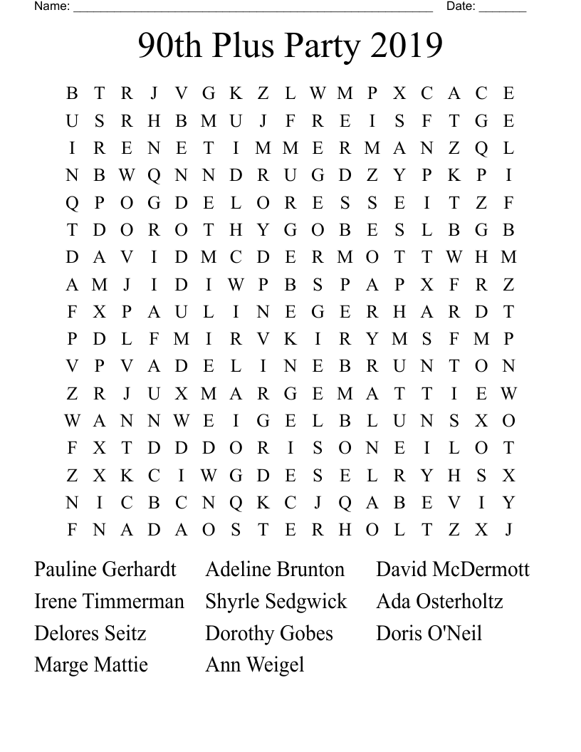 90th Plus Party 2019 Word Search