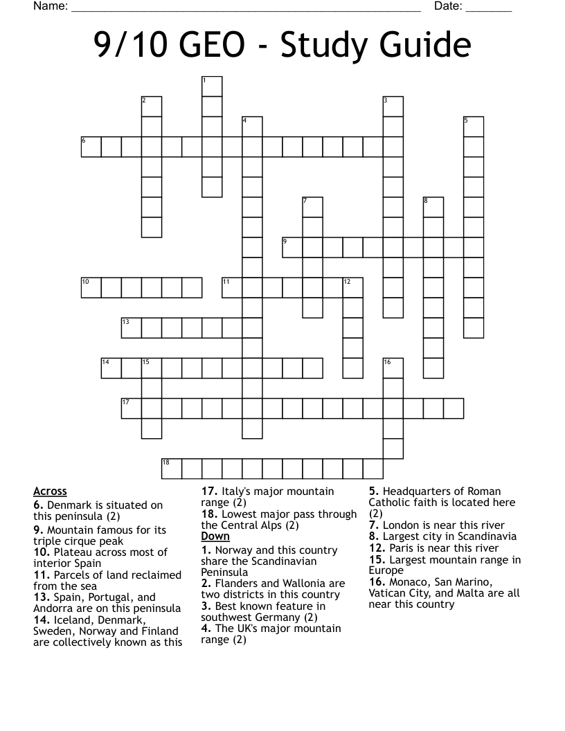 9/10 GEO - Study Guide  Crossword
