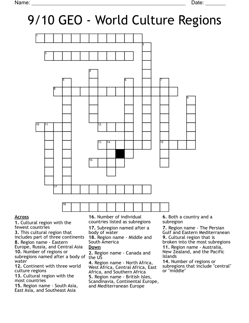 9/10 GEO - World Culture Regions  Crossword