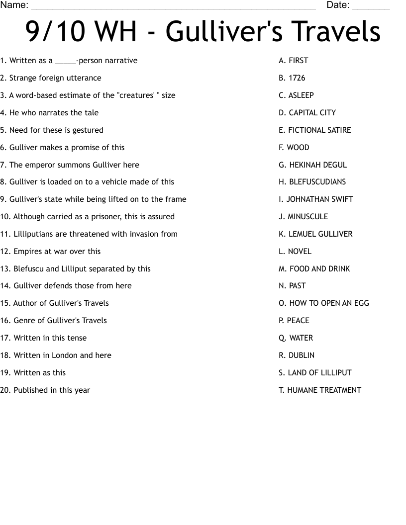 9/10 WH - Gulliver's Travels  Worksheet