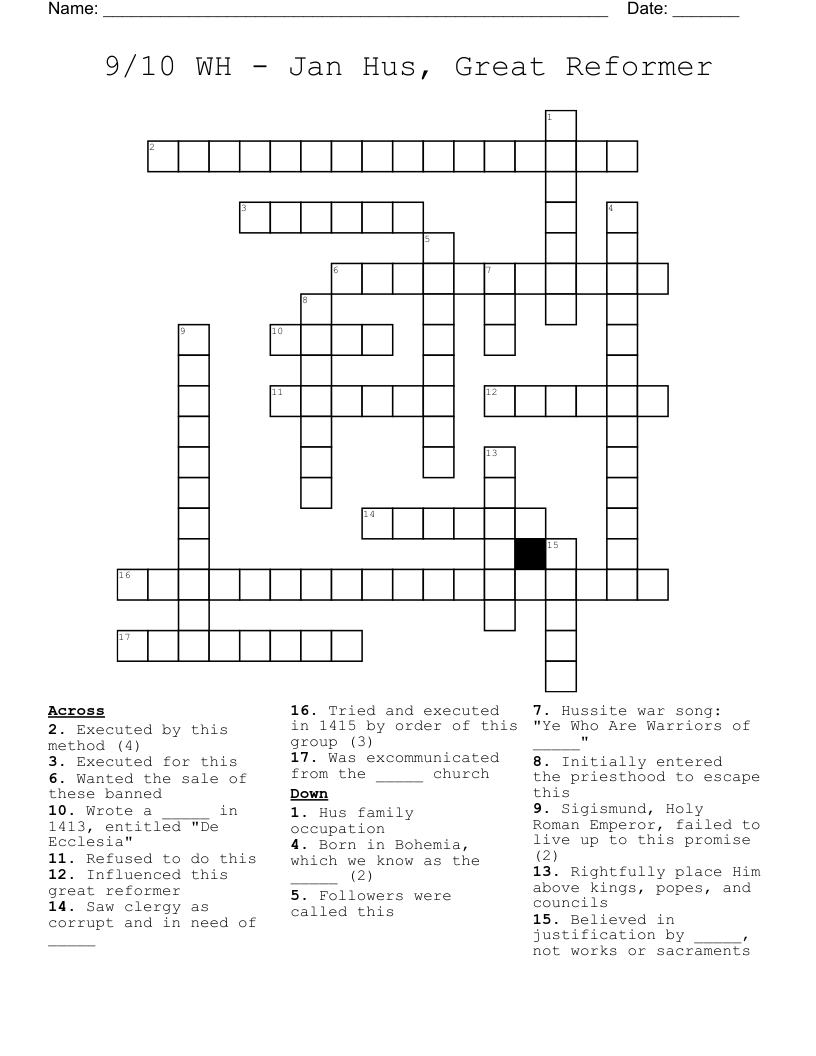 9/10 WH - Jan Hus, Great Reformer   Crossword