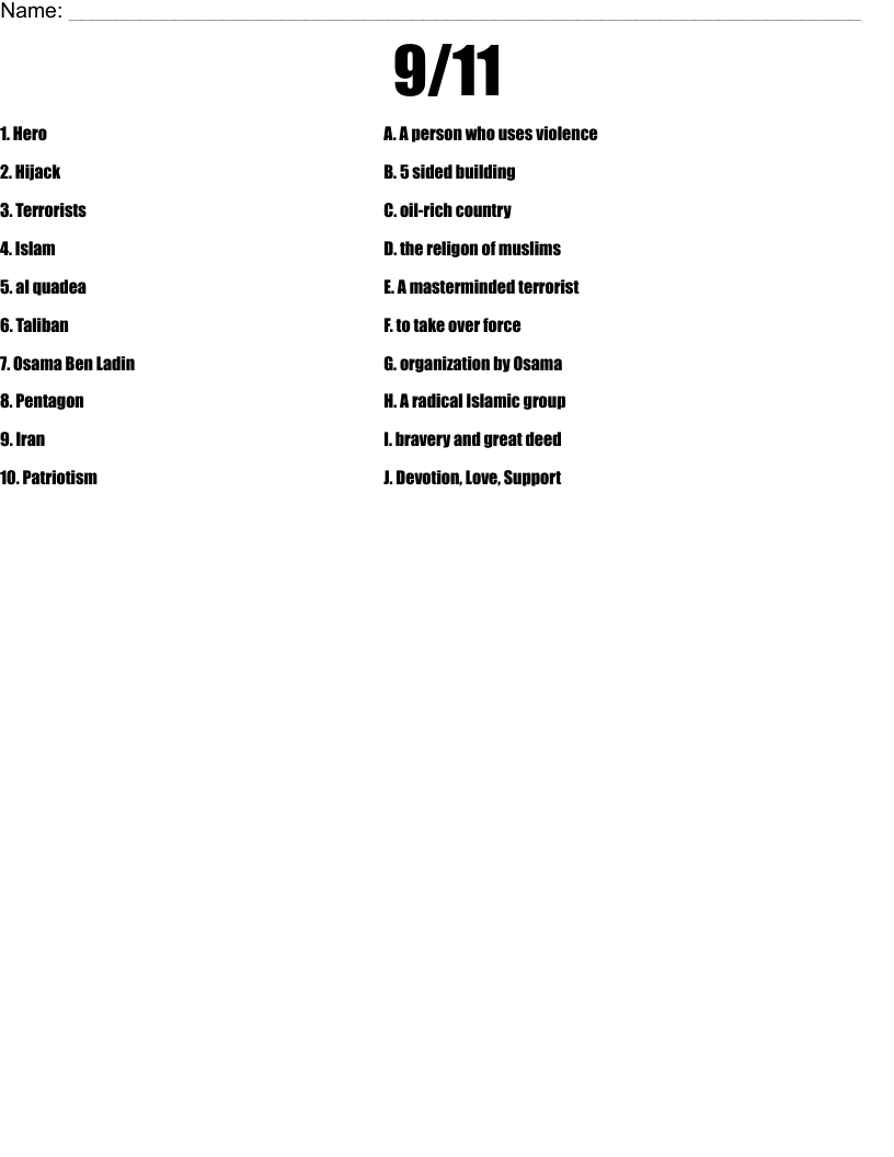 9/11 Worksheet