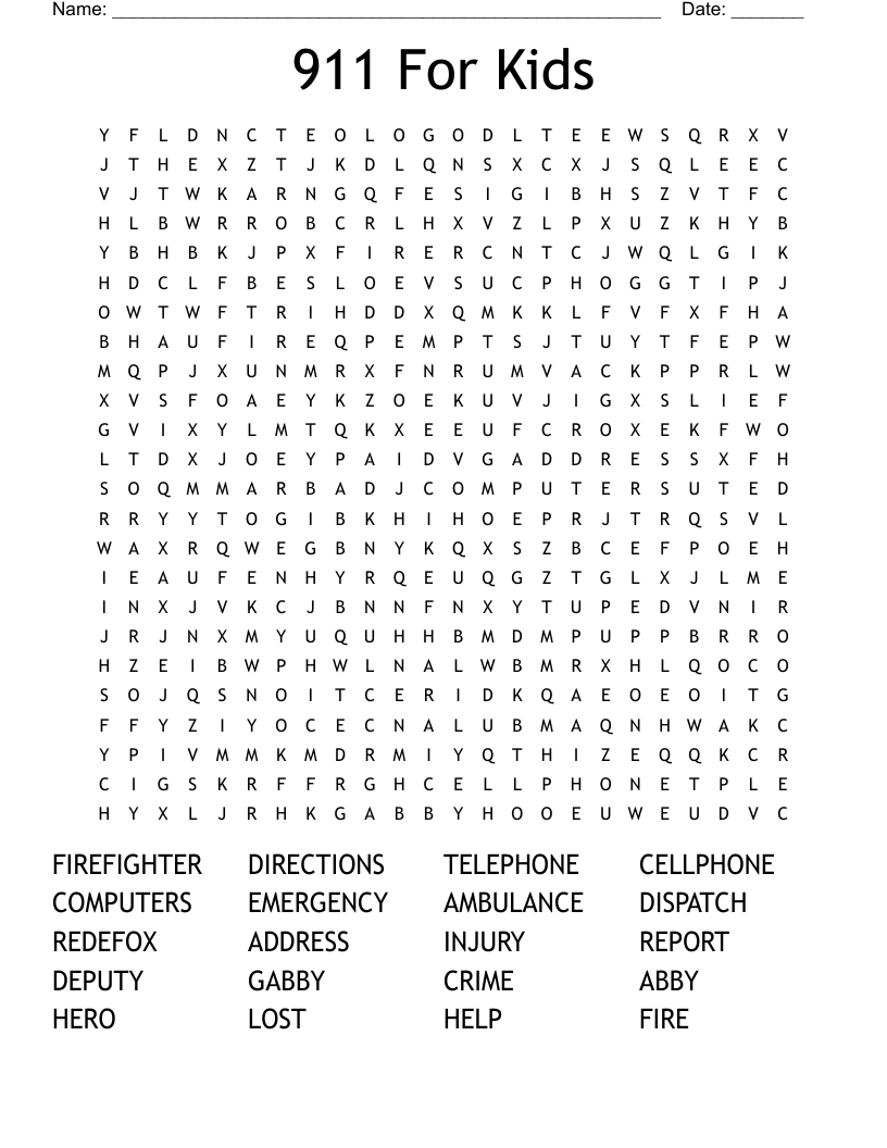 911 For Kids Word Search