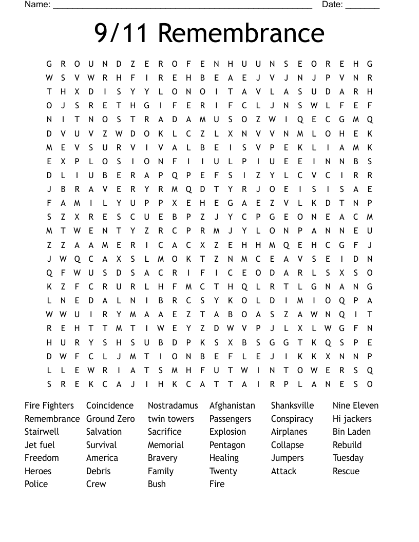 9/11 Remembrance Word Search