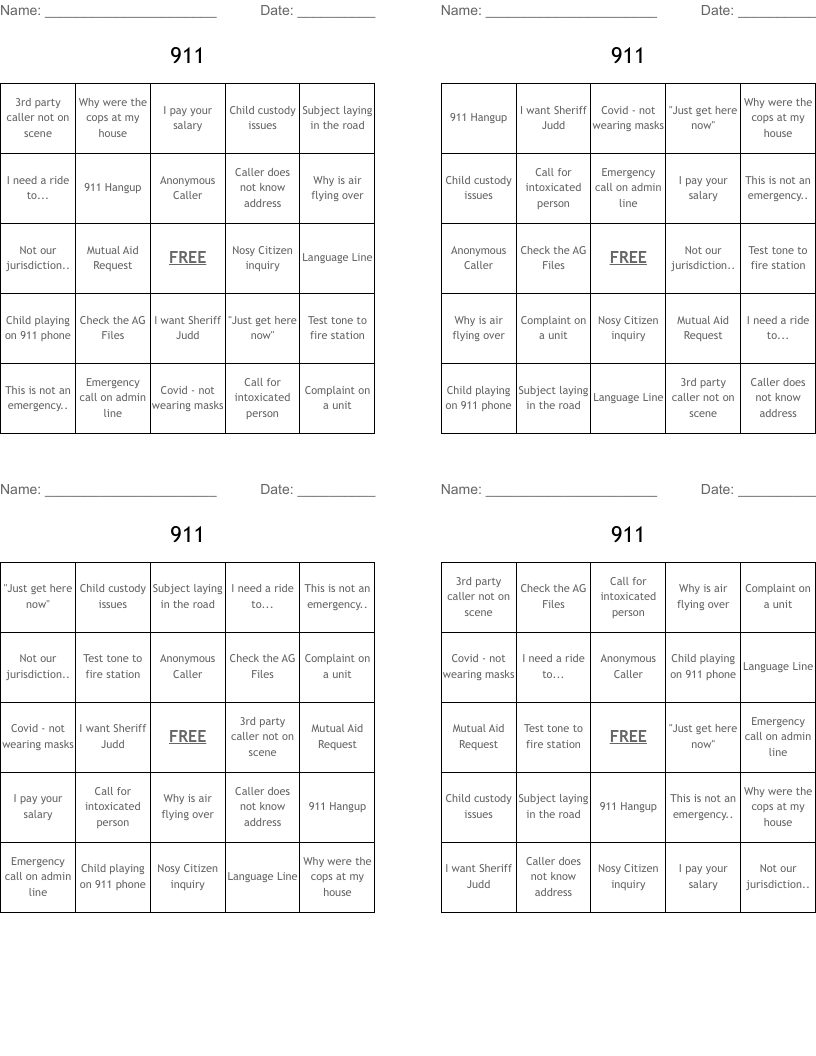 911  Bingo Cards