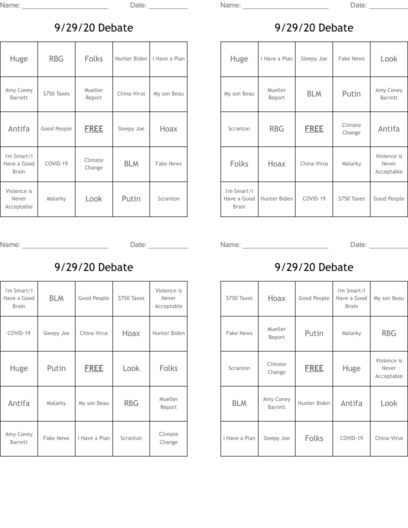 9/29/20 Debate Bingo Cards