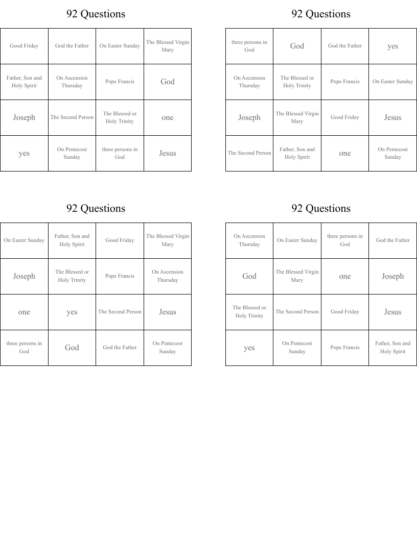 92 Questions Bingo Cards