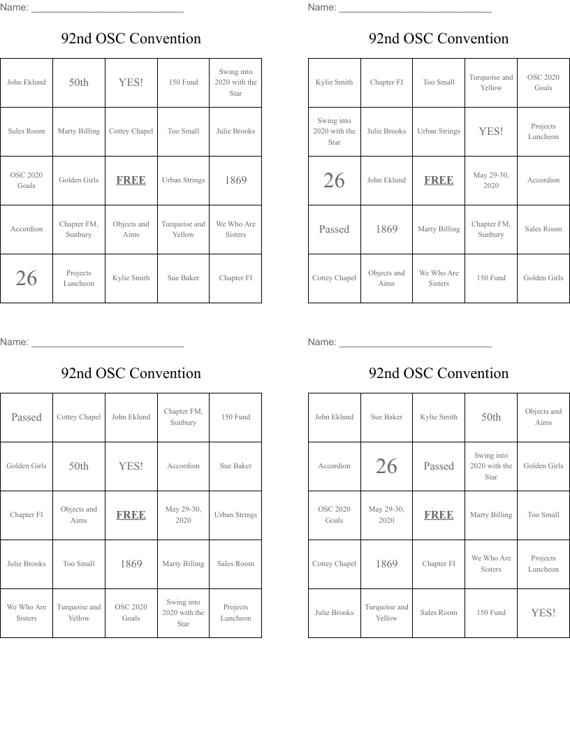 92nd OSC Convention Bingo Cards