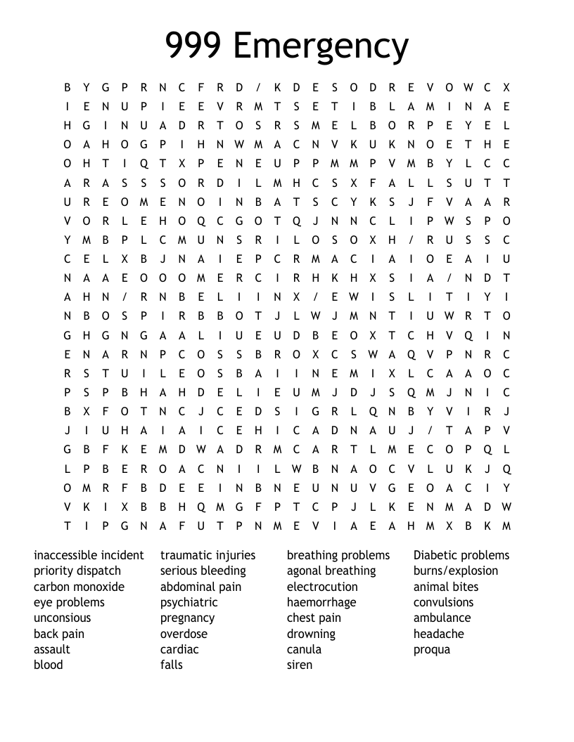 999 Emergency Word Search