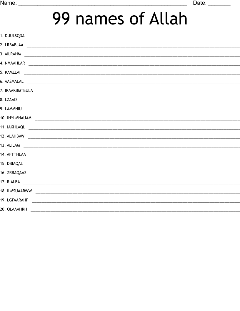 99 names of Allah Word Scramble