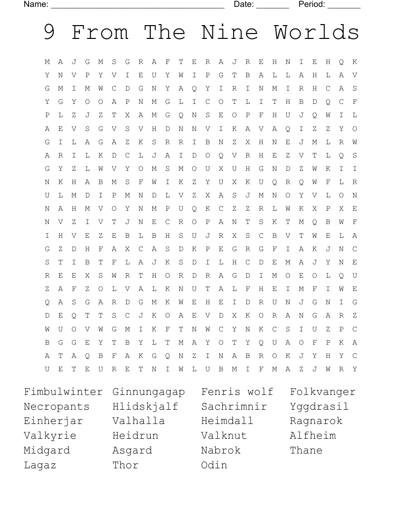 9 From The Nine Worlds Word Search