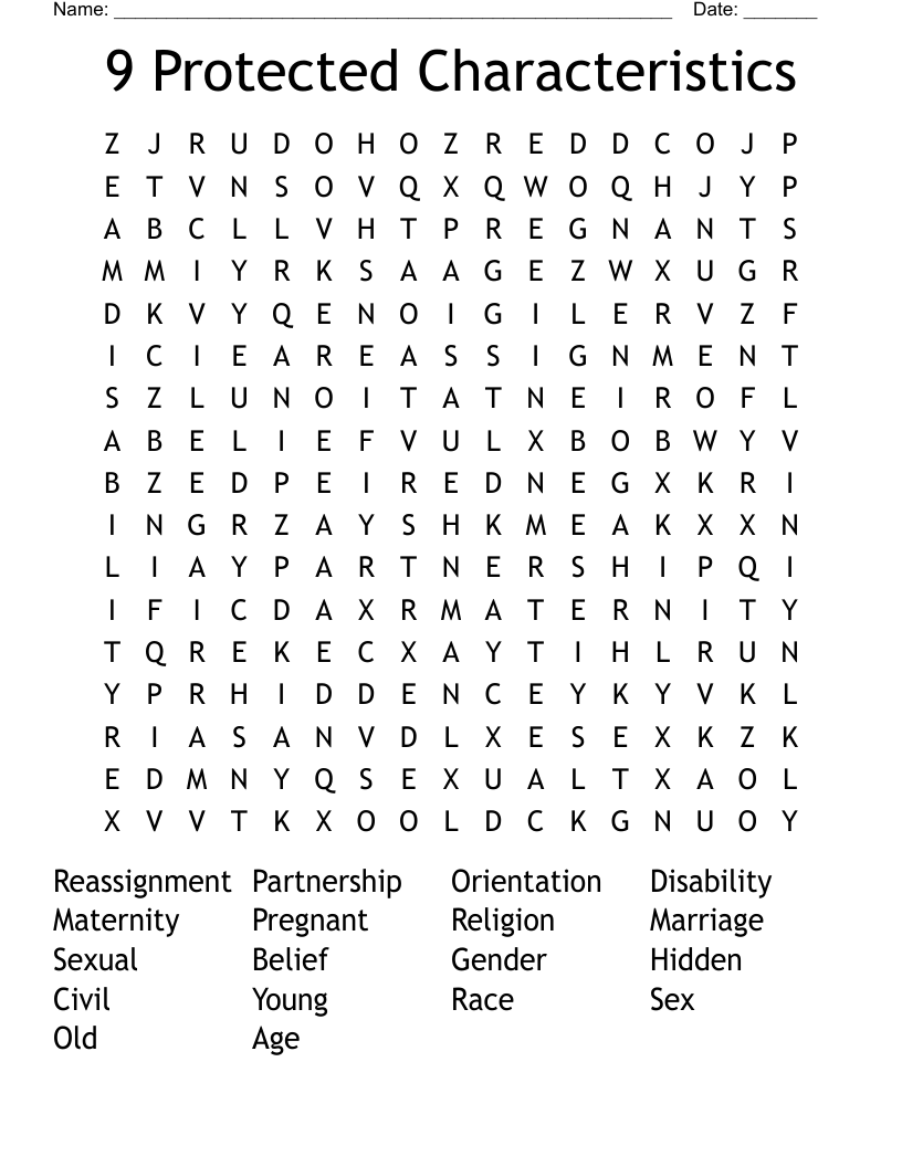 9 Protected Characteristics Word Search