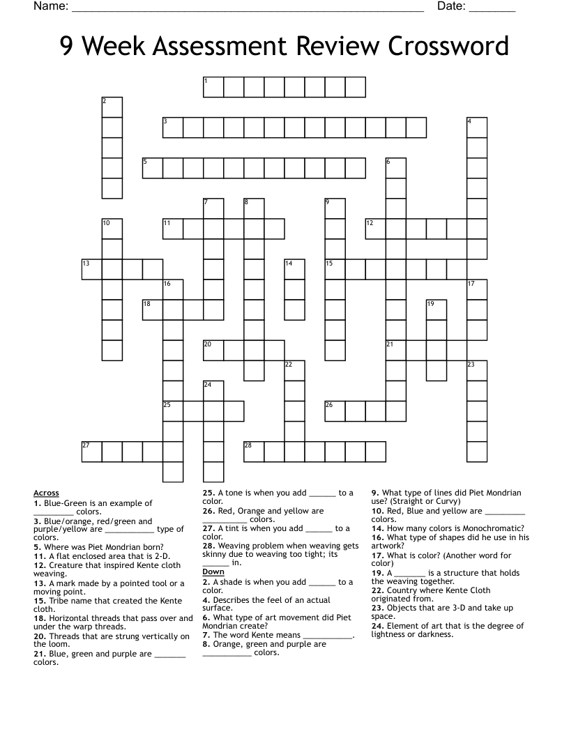 9 Week Assessment Review Crossword