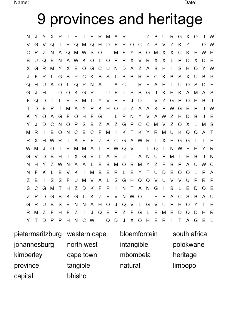 9 provinces and heritage Word Search