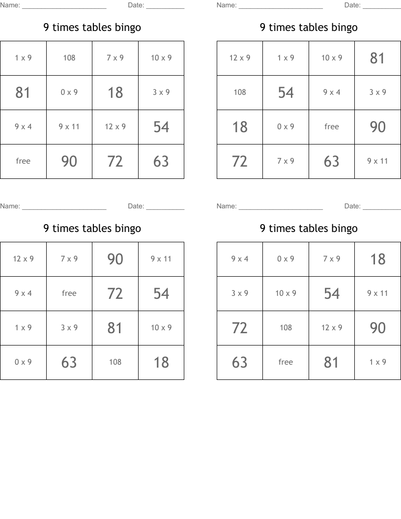 9 times tables bingo