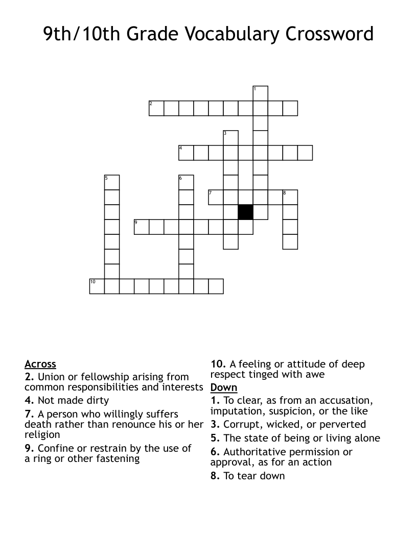 9th/10th Grade Vocabulary Crossword
