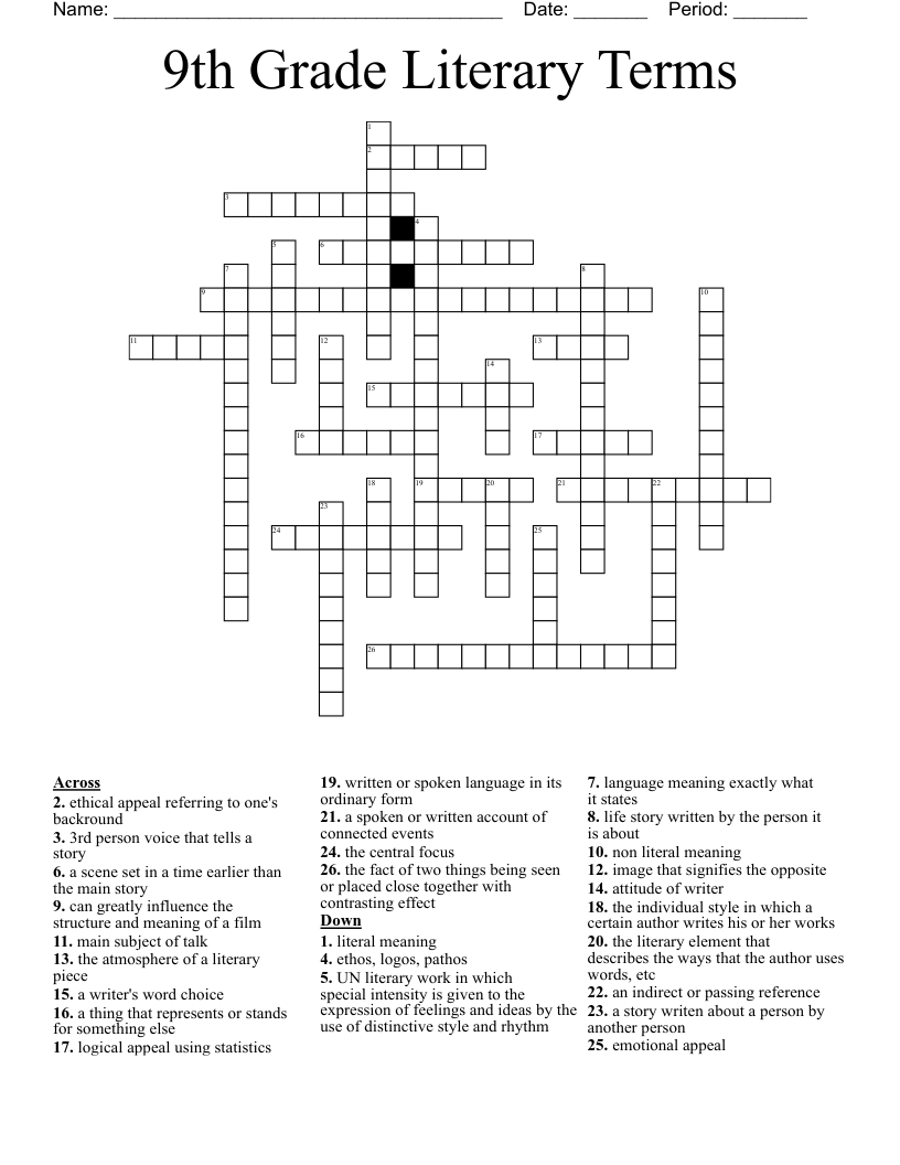 9th Grade Literary Terms Crossword
