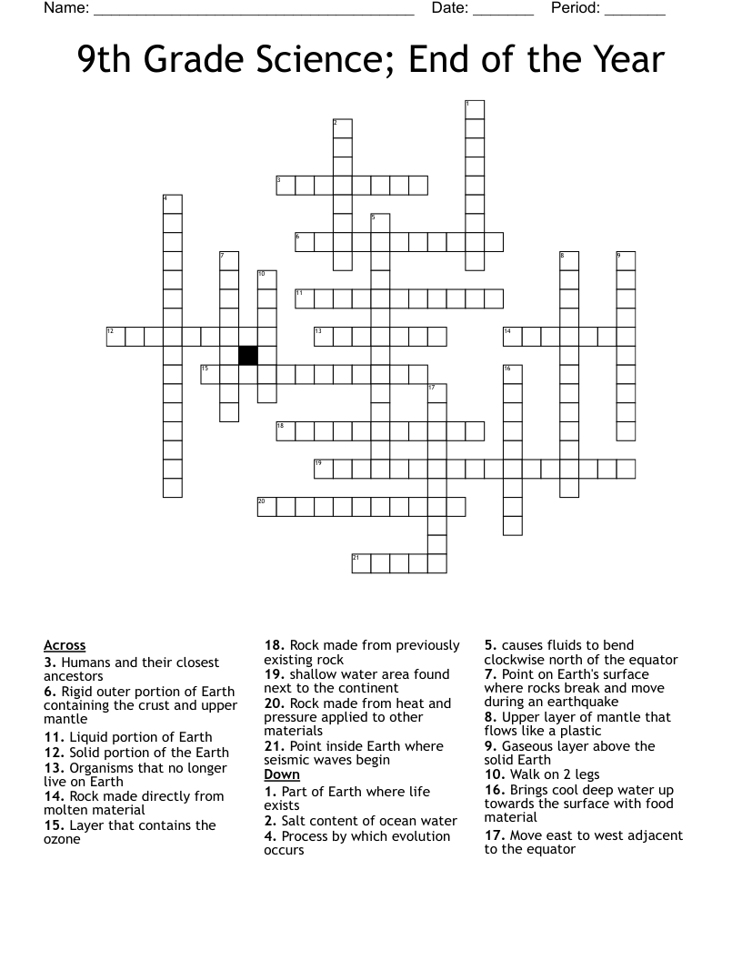 9th Grade Science; End of the Year Crossword