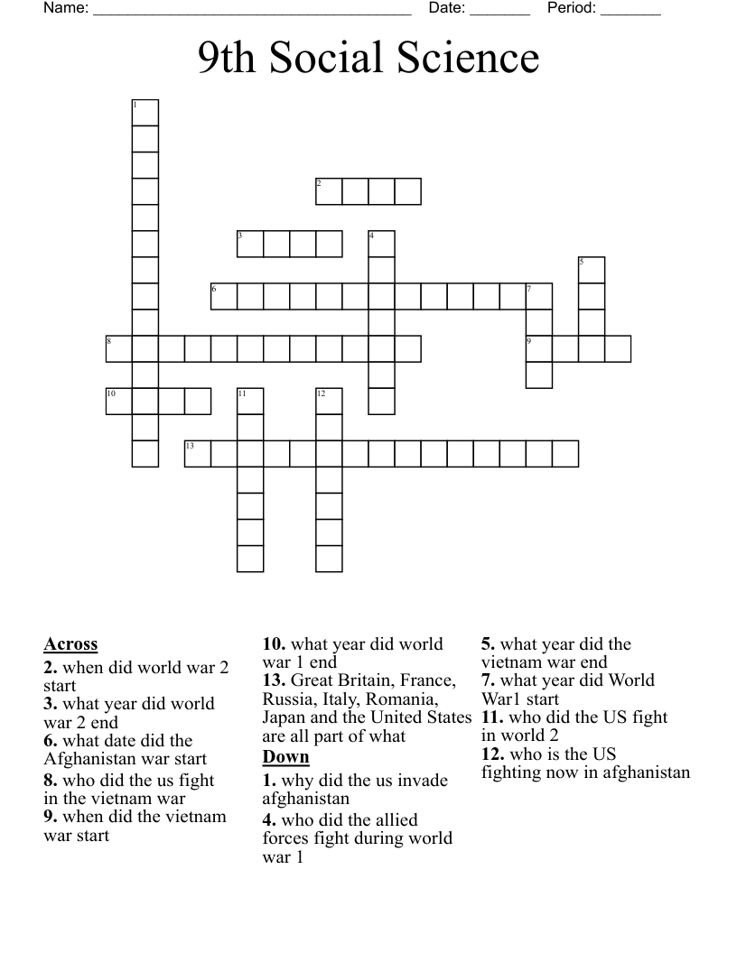 9th Social Science Crossword