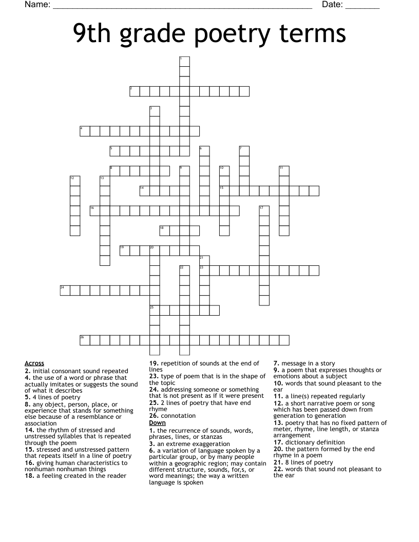 9th grade poetry terms Crossword