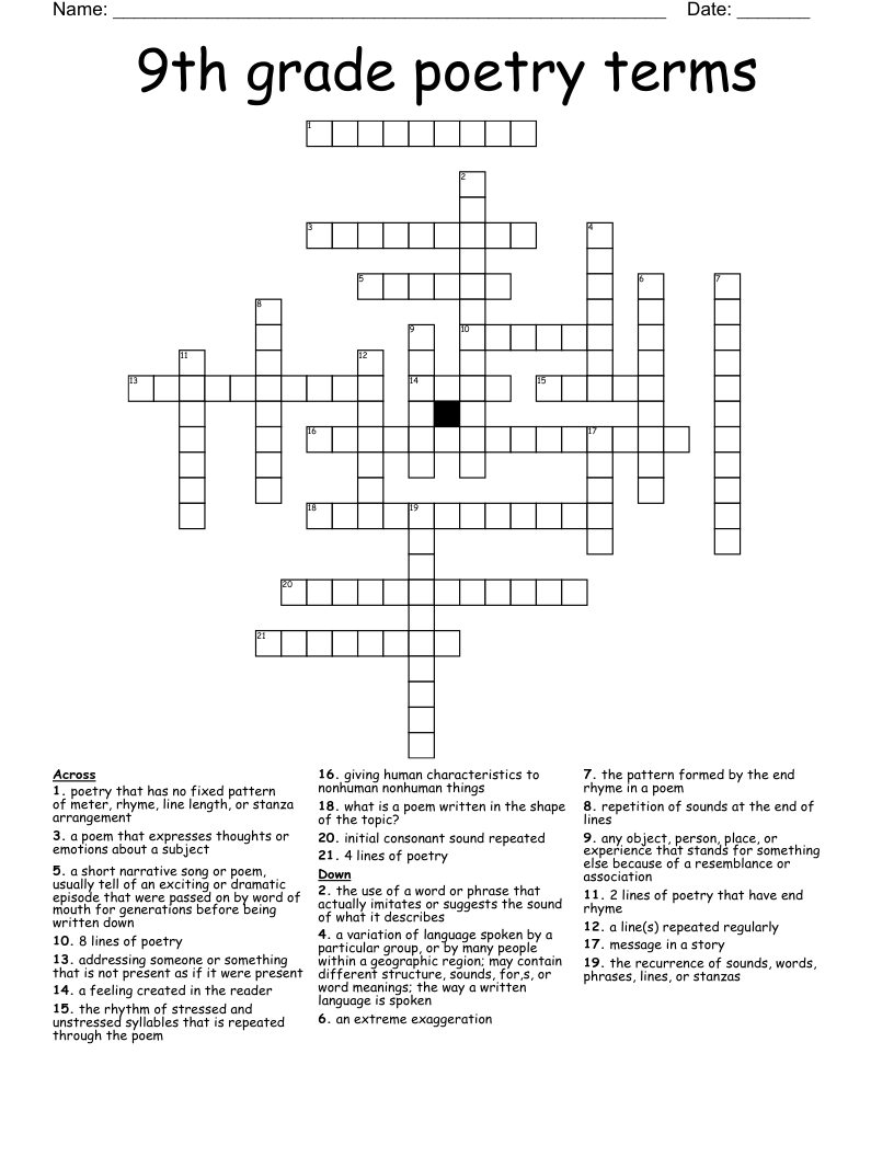 9th grade poetry terms Crossword