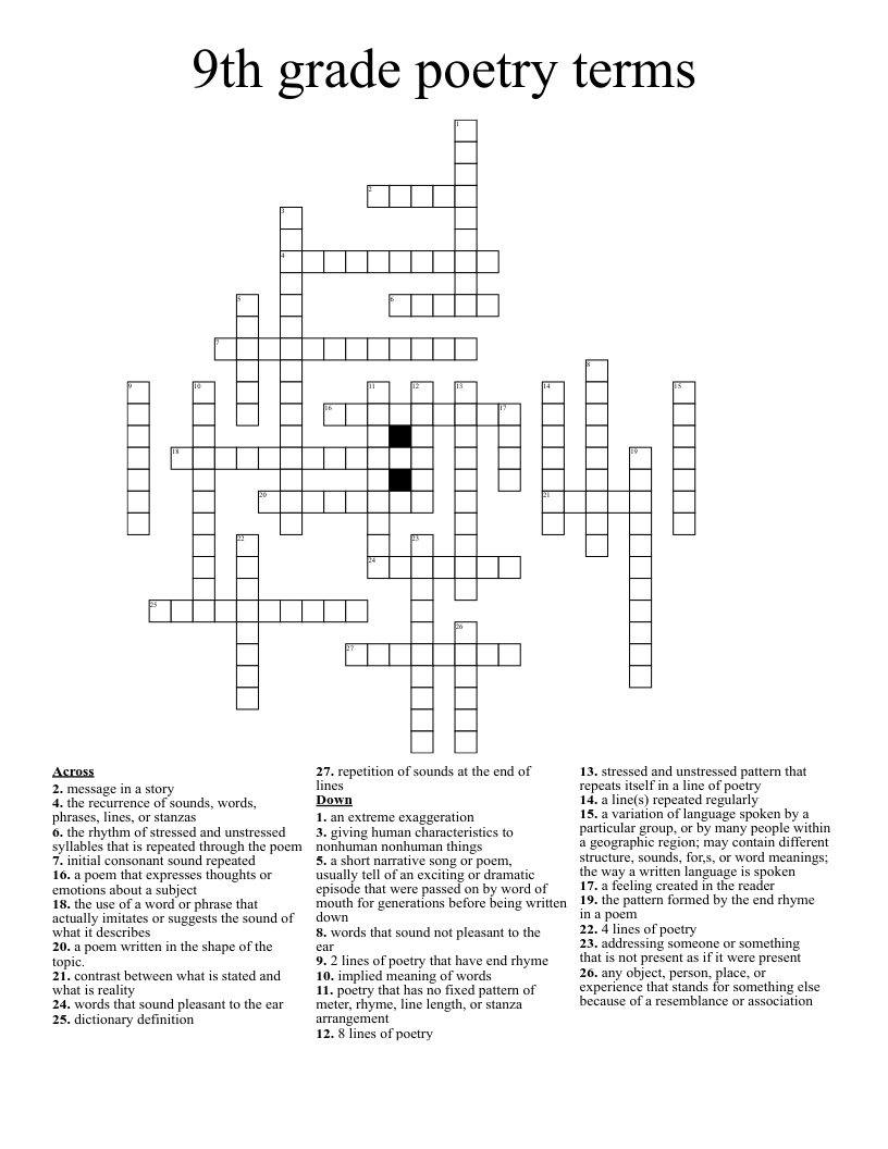9th grade poetry terms Crossword