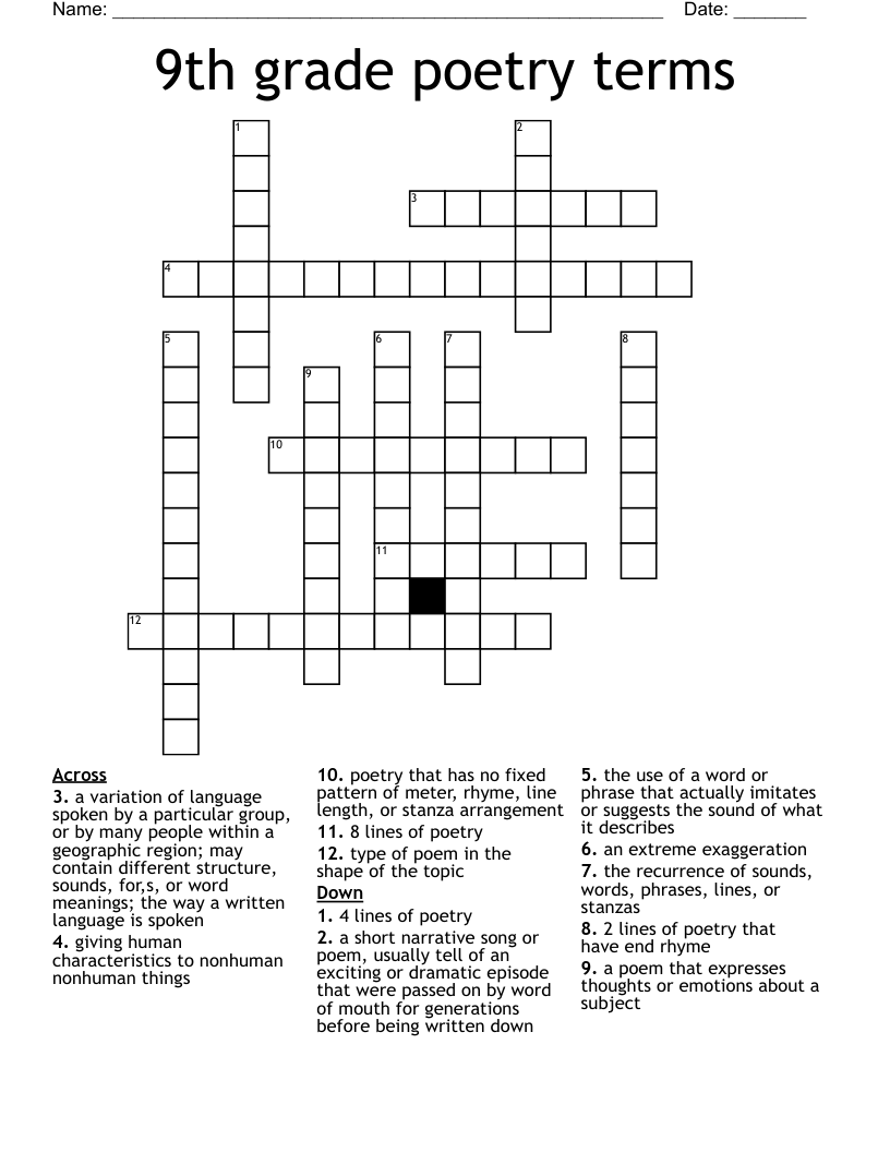 9th grade poetry terms  Crossword