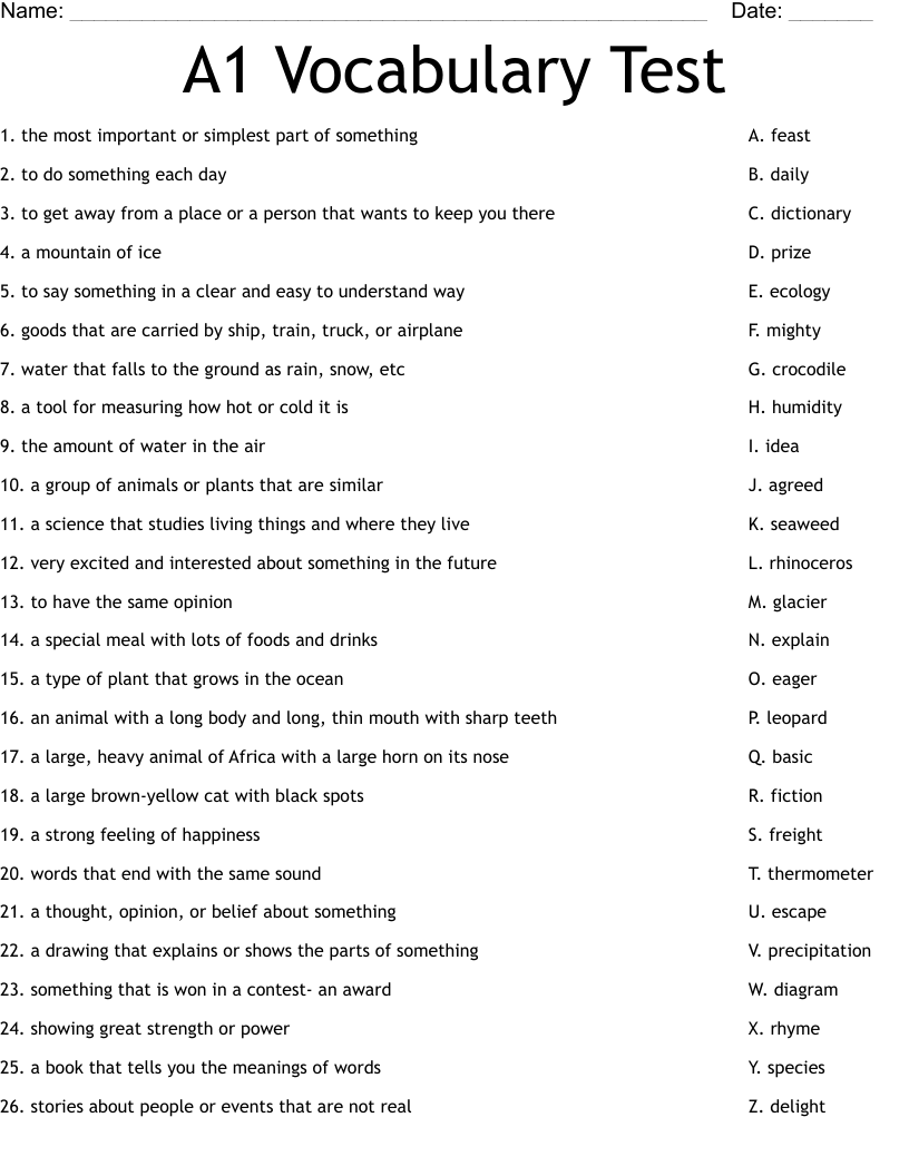 A1 Vocabulary Test Worksheet