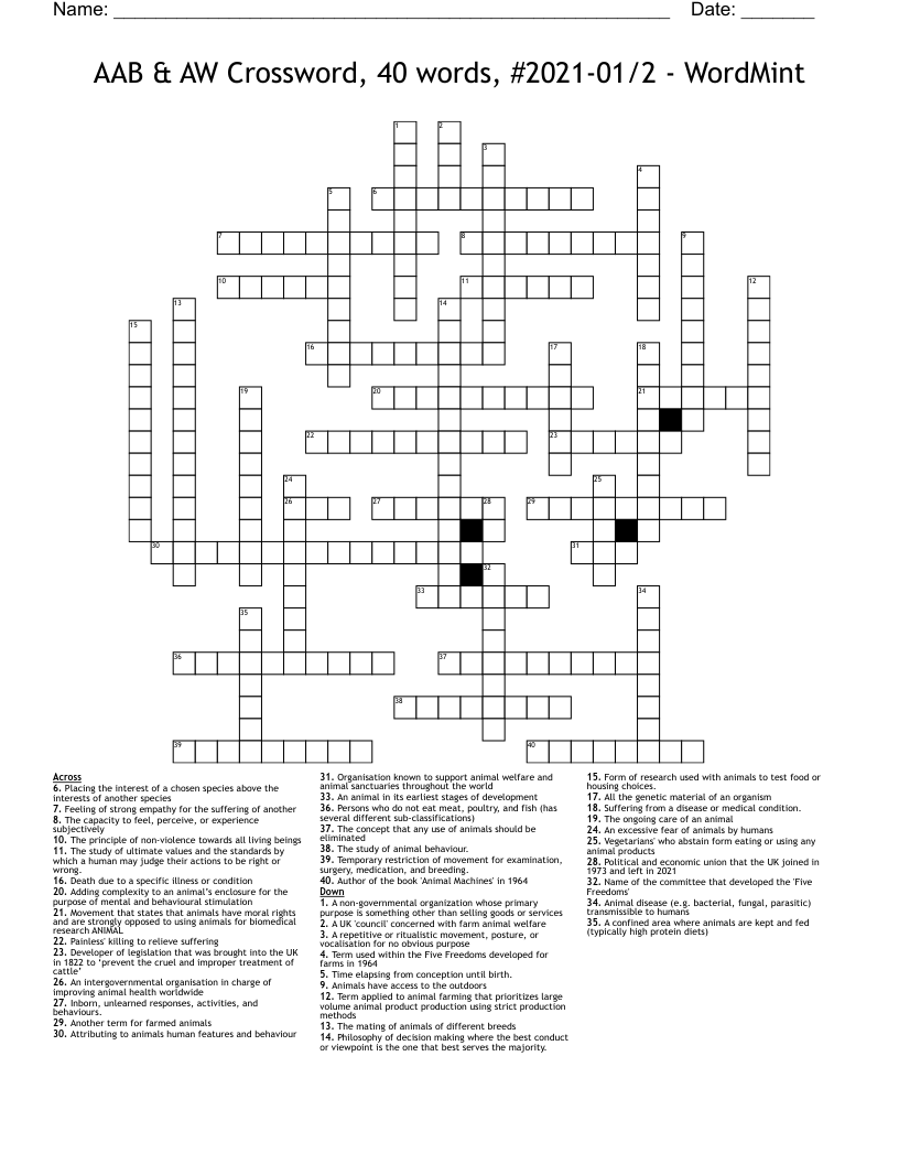 AAB & AW Crossword, 40 words, #2021-01/2 - WordMint