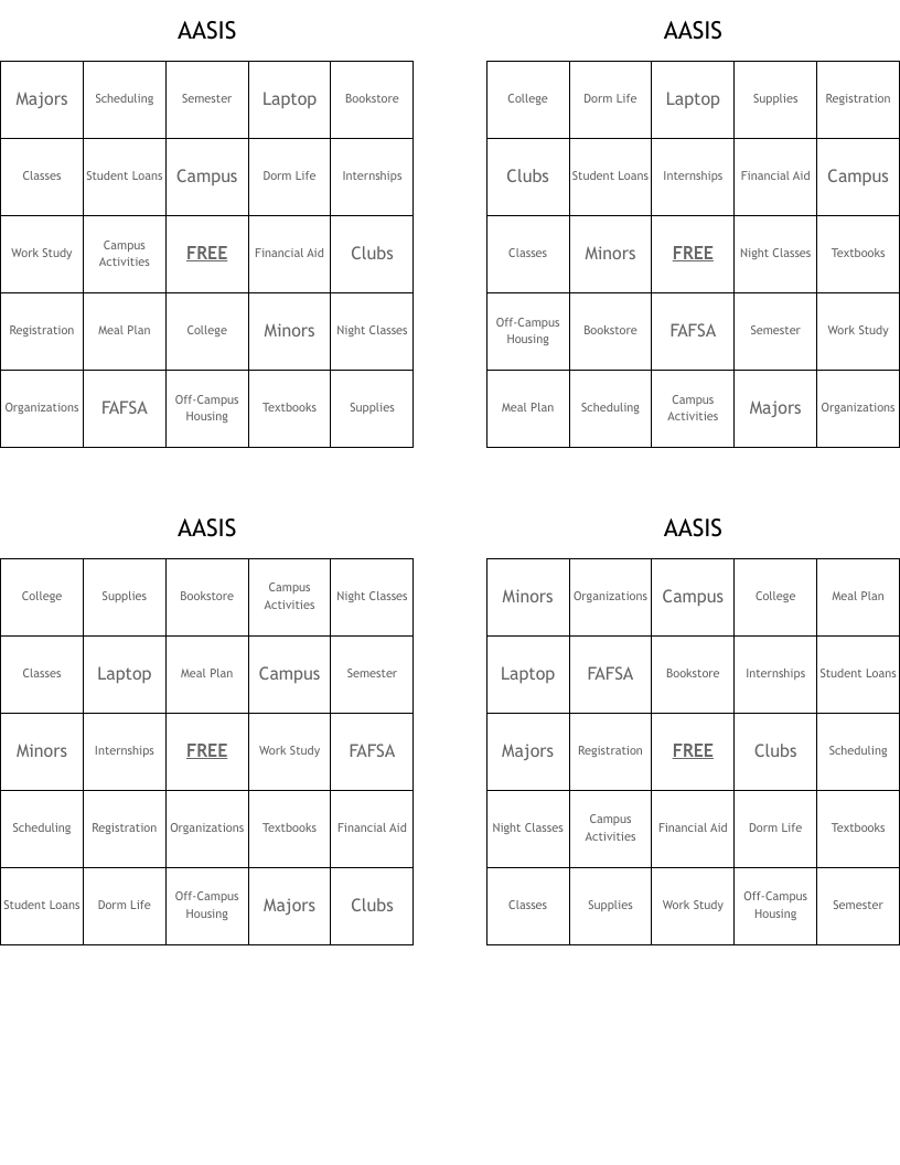 AASIS Bingo Cards