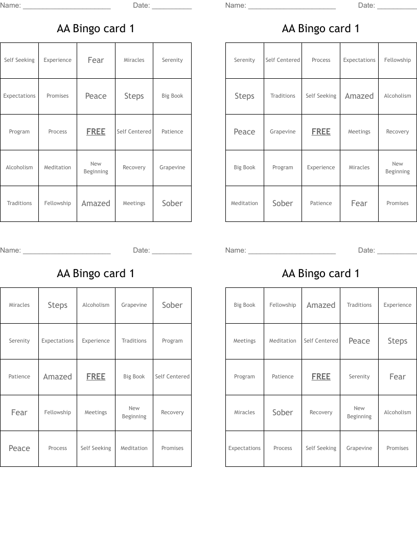 AA Bingo card 1