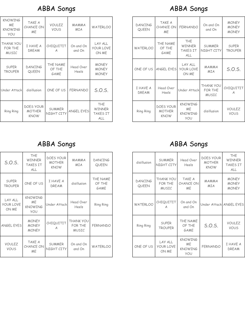 ABBA Songs Bingo Cards