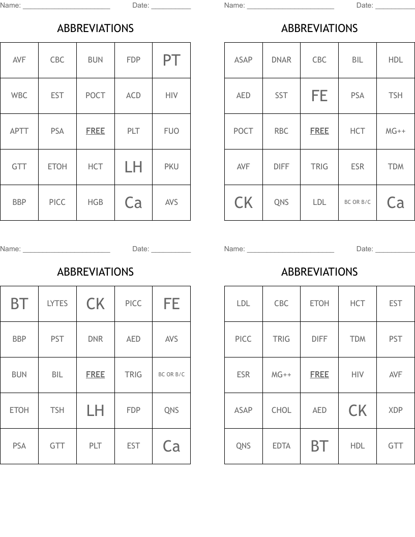 ABBREVIATIONS Bingo Cards