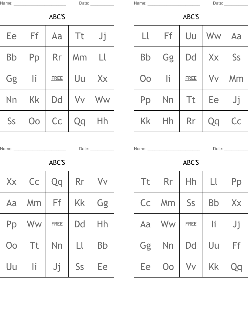ABC'S Bingo Cards