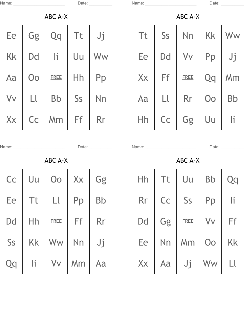 ABC A-X Bingo Cards