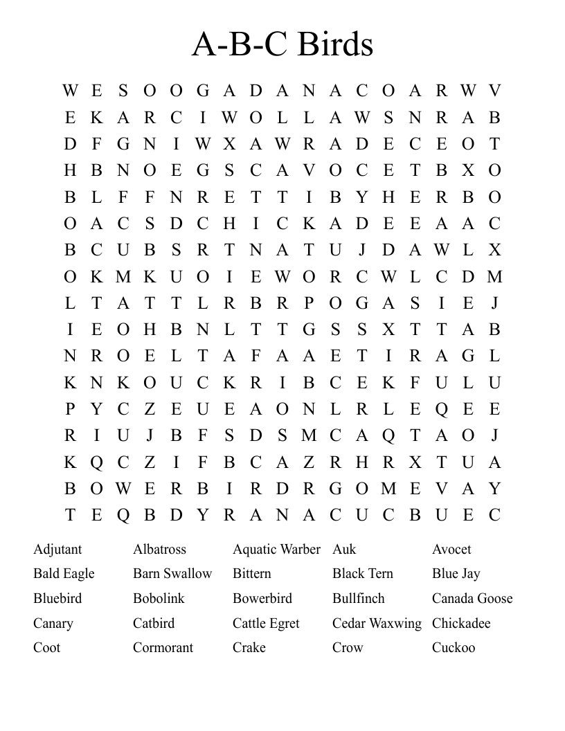 A-B-C Birds Word Search