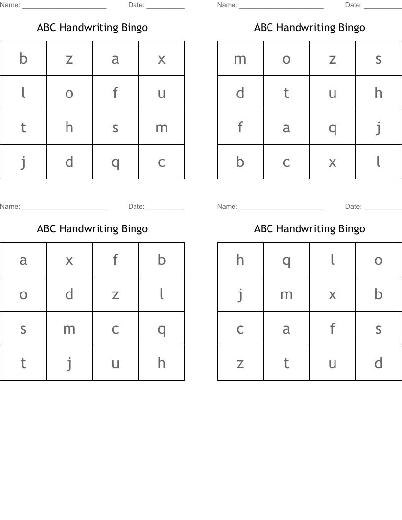 ABC Handwriting Bingo