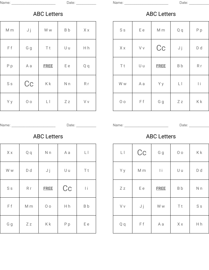 ABC Letters Bingo Cards