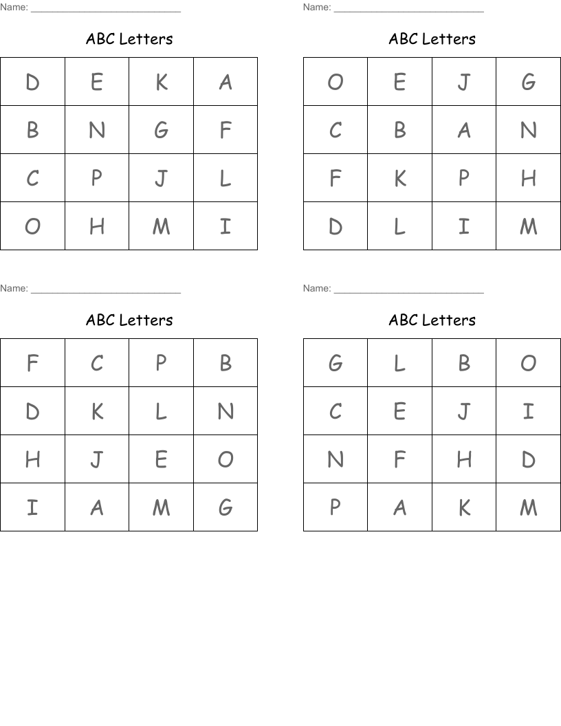 ABC Letters Bingo Cards
