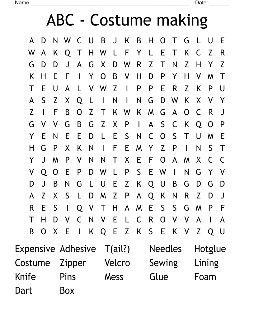 ABC - Costume making Word Search